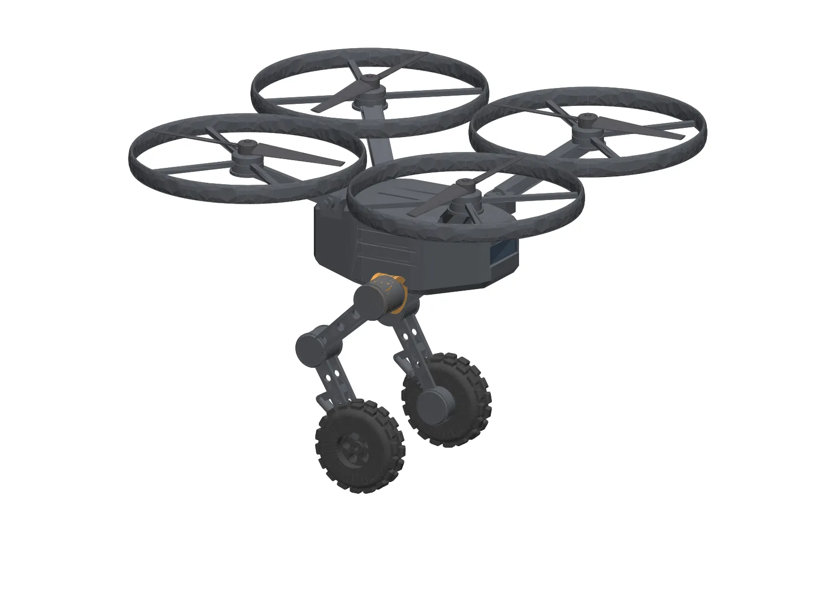 AETHER-1 Mk1 CAD model, isometric view: four ducted rotors above a body with two wheeled legs