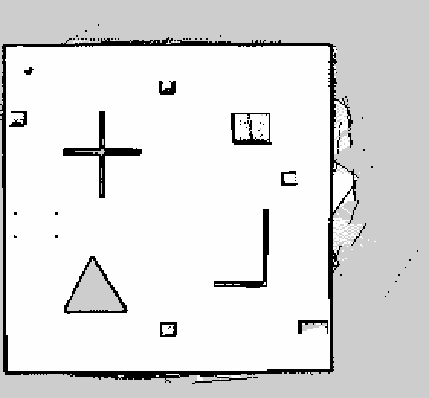 Occupancy grid of the room built with slam_toolbox during autonomous exploration: black walls and obstacles, white free space, grey unmapped regions, with the cross- and triangle-shaped obstacles and scattered boxes clearly resolved