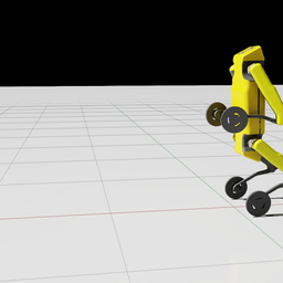 The wheeled quadruped standing upright on its rear wheels on a light grid floor in Isaac Sim, at roughly its target balance height