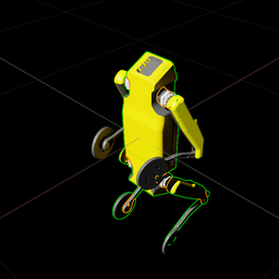 The same robot rendered with its green collision / articulation wireframe overlaid, showing the wheels, thighs, shins and body links used by the physics engine